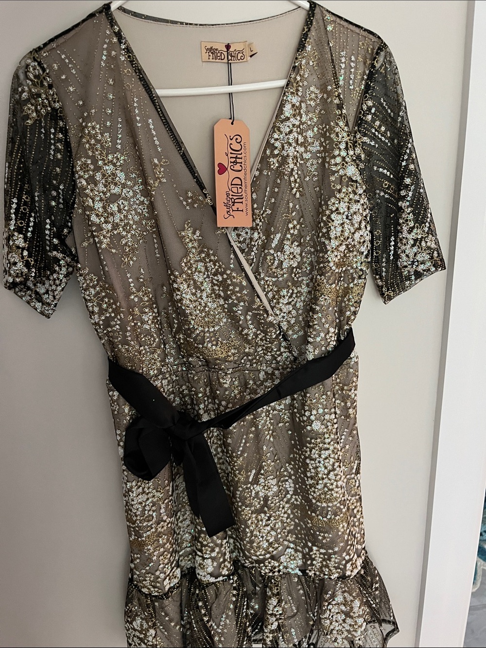 Mixed Chiffon Floral Sequin Mini Dress with Black Sash